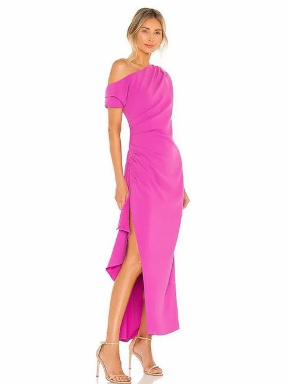 Elliatt One-Shoulder Midi Dress in Bright Pink with Side Ruche